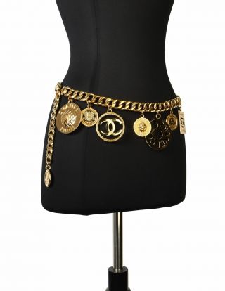 Chanel Vintage Iconic Gold CC Logo Coco Chanel Multi - Charm Chain Statement Belt 2