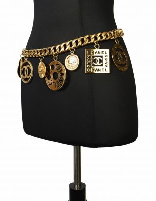 Chanel Vintage Iconic Gold CC Logo Coco Chanel Multi - Charm Chain Statement Belt 3