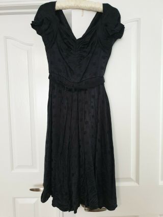 Vintage 50s Black Embroidered Silk Satin Party Dress Adele Simpson Belt Xs