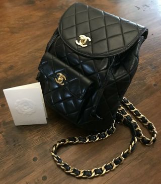 Chanel Quilted Black Lambskin Cc Gold Tone Hardware Heavy Chain Vintage Backpack