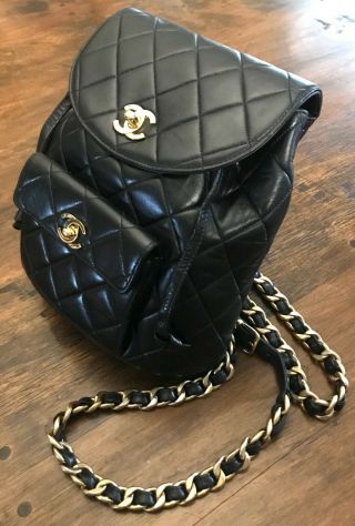 CHANEL Quilted Black Lambskin CC Gold Tone Hardware Heavy Chain Vintage Backpack 2
