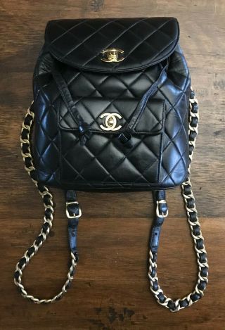 CHANEL Quilted Black Lambskin CC Gold Tone Hardware Heavy Chain Vintage Backpack 3