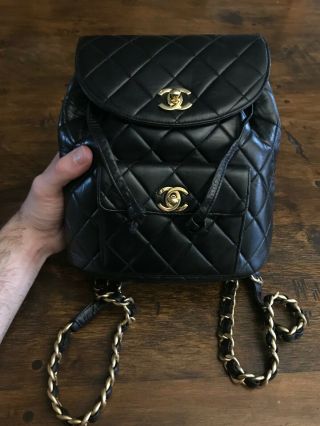CHANEL Quilted Black Lambskin CC Gold Tone Hardware Heavy Chain Vintage Backpack 6