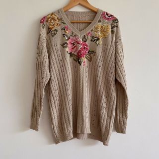 Vintage 80s 90s Knit Floral Brown Beige Sweater Knit Statement Jumper Slouchy