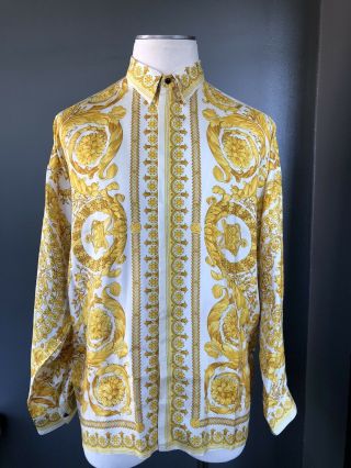 Gianni Versace Vintage Gold/white Silk Shirt Mens Size L