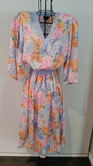 Diane Freis Vintage 1980s Georgette Dress Puff Sleeves Spring Floral Print Osfa