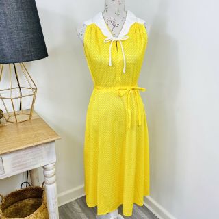 Vintage Jonathan Summer Day Dress Yellow Polka Dot A - Line Fit Size 8 - 10
