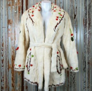 Vtg Mink Fur Coat 1960s Belt Floral Embroidery Boho Jacket White Neiman Marcus