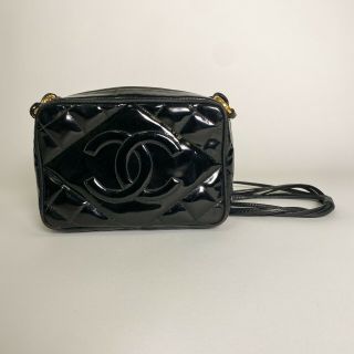 Vintage Chanel Black Patent Leather Quilted Matelasse Cc Logo Camera Bag Purse