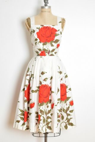 Vintage 50s Dress Rose Border Print White Red Novelty Party Carrie Bradshaw Xs