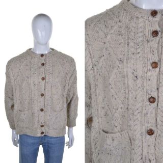 Vintage Aran Cardigan L Chunky Cable Knit Wool Arran Fisherman Jumper Sweater