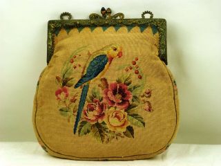 Vintage Handbag,  Tapestry Purse,  Parrot & Flowers Blue Stone Clasp,  Needlepoint