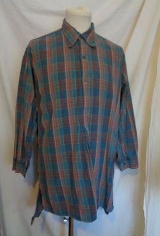 Vtg French Checked Cotton Smock Overhead Worker Chore Shirt