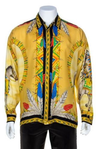 Gianni Versace Vintage Silk Shirt Native Americans Print