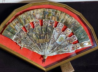 Antique 19th C French Framed Rococo Hand Painted Fan With Carved Spines Vv739