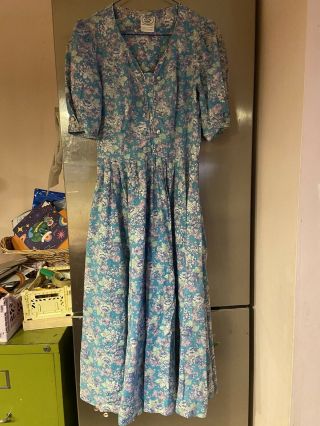 Laura Ashley Vintage 1980s Blue Floral Cotton Summer Tea Dress Romantic Size 10