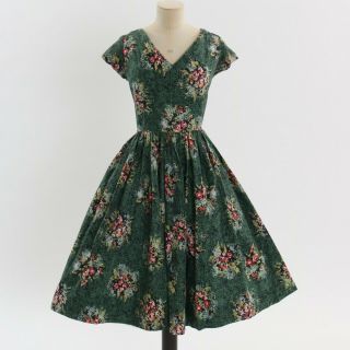 Vintage 1950s Victor Josselyn Floral Print Cotton Dress Uk 10 12 S M