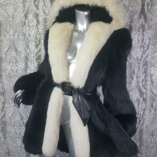 Saga Sz Xl Vintage Black Off White Blonde Fox Fur Hooded Tuxedo Coat
