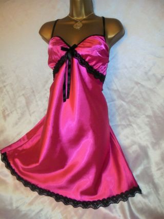 Stunning Mini Slip Satin Petticoat Gown Cd/tv 44 Chest Hot Pink /black