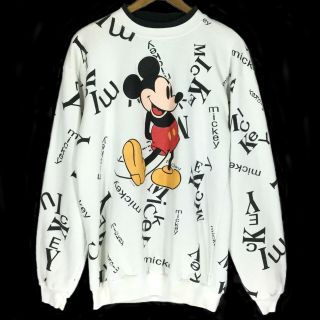 Vtg 90s Mickey Mouse Spellout Allover Print Cartoon Sweatshirt Sweater T Shirt M