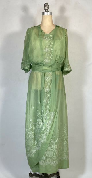 Antique Edwardian Circa 1910 - 1915 Celery Green Cotton Gauze Dress W/embroidery M