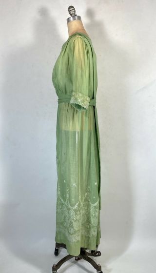 Antique EDWARDIAN circa 1910 - 1915 celery green cotton gauze dress w/embroidery M 3