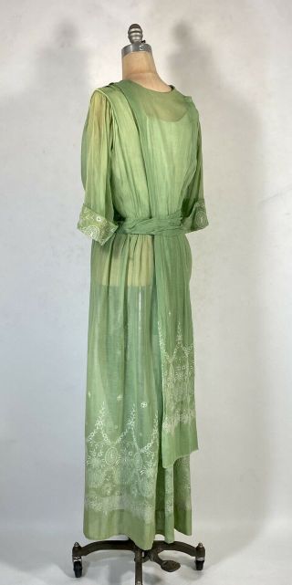 Antique EDWARDIAN circa 1910 - 1915 celery green cotton gauze dress w/embroidery M 4