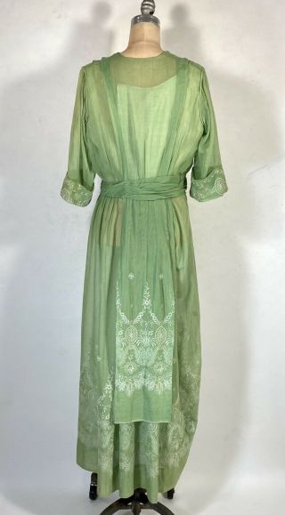 Antique EDWARDIAN circa 1910 - 1915 celery green cotton gauze dress w/embroidery M 5