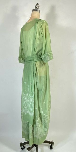 Antique EDWARDIAN circa 1910 - 1915 celery green cotton gauze dress w/embroidery M 6