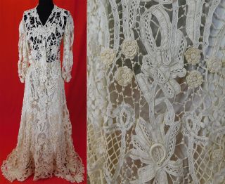 Victorian Gros Point De Venise Needlepoint Lace Wedding Gown Skirt & Blouse Vtg