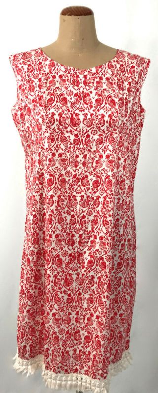 Vintage Red White Love Birds Print Cotton Tassel Hem Shift Dress 10 12