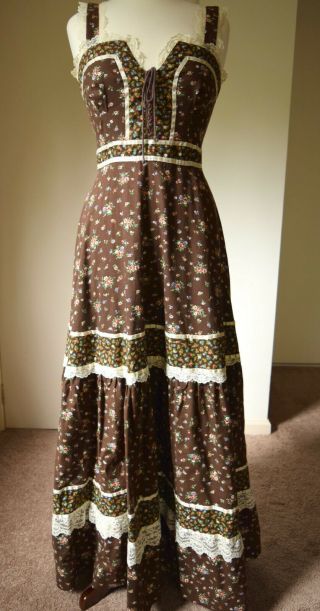 Gunne Sax Dress Brown Sundress 13 Maxi Floral Calico 1970s Vintage