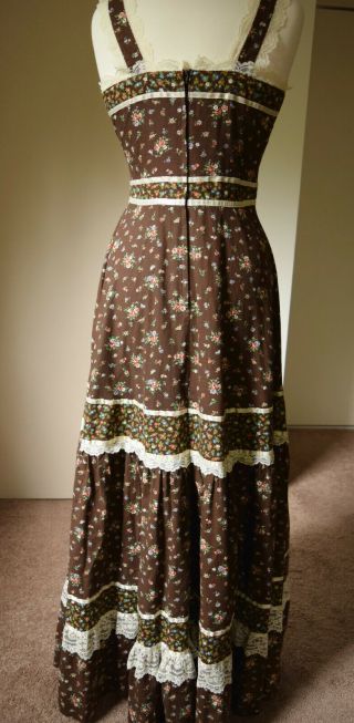 Gunne Sax Dress Brown Sundress 13 Maxi Floral Calico 1970s Vintage 2