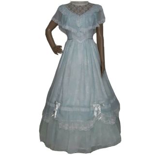 Gunne Sax Semi Sheer Blue Floral Prairie Victorian Dress High Neck Lace Collar