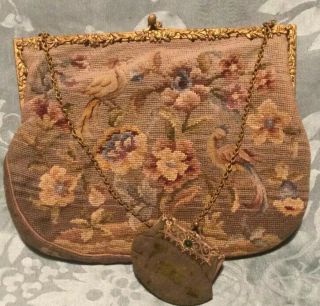Antique Wool Petit Point Evening Bag And Small Purse.  Victorian.