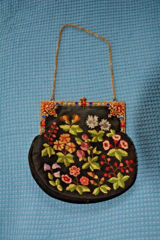Fab Vintage Needlepoint Petit Point Tapestry Bag Floral Ornate Frame Cabochons