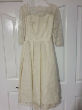 Vintage 50s Ivory Illusion French Lace Wedding Dress Elbow Sleeves Full Skirt