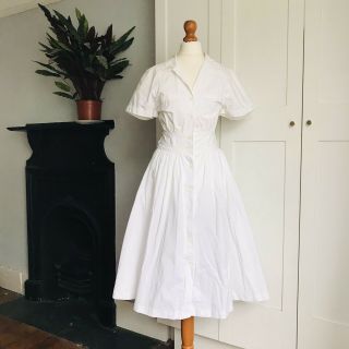 Vintage 70s 80s White Cotton Short Sleeve Fit Flare Shirt Dress 8