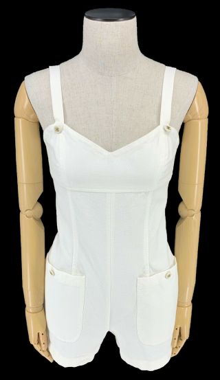 Auth Chanel Vintage 95p Coco Mark Overall One Piece 2xs Cotton White Rank Ab