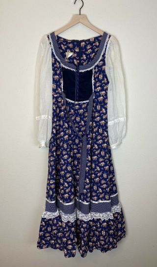 Vintage 1970’s Gunne Sax Rare Large Size 13 Prairie Revival Dress Blue Floral