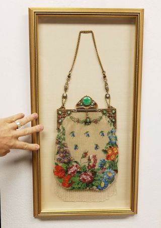 Large Framed Antique Victorian Floral Beaded Purse Handbag With Inset Jewels