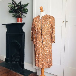 Vintage 50s Orange White Abstract Leaf Print Cotton Dress Suit Jacket Set 10 12