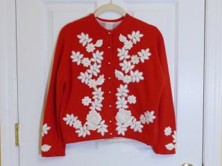 Helen Bond Carruthers Red Cashmere W/ Applique Sweater Chenery Carmichael Estate