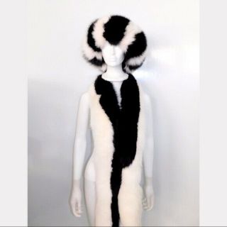 Vintage Black And White Fox Hat Boa Stole Scarf Set