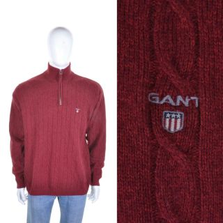 Vintage Gant Cable Knit Wool Jumper Xl Zip Neck Sweater Maroon Red Made In Italy