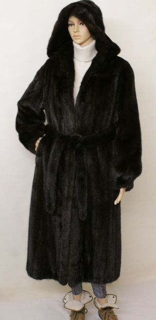 Real Mink Fur Saga Nearly Black Mahogany Hood Belt Long Coat Swing 8 - 14 Uk / L