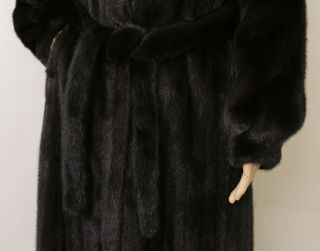 REAL MINK FUR SAGA NEARLY BLACK MAHOGANY HOOD BELT LONG COAT SWING 8 - 14 UK / L 3