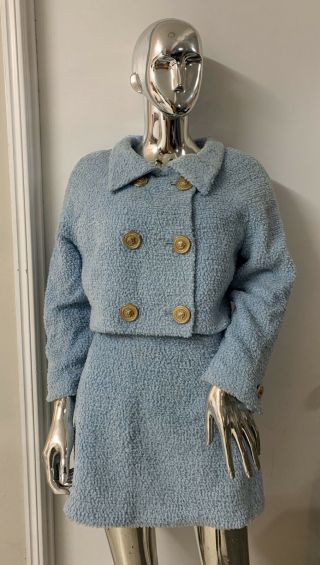 Very Rare Vintage 90’s Gianni Versace Wool Baby Blue Jacket Skirt Set | Size 44