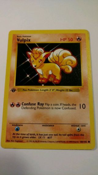 1st Edition Shadowless Vulpix 68/102 Base Set Pokemon Card Rare M/p $30.  00