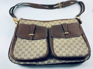 Rare Vintage Gucci Gg Beige Fabric Brown Leather Large Messenger Bag Brief Case